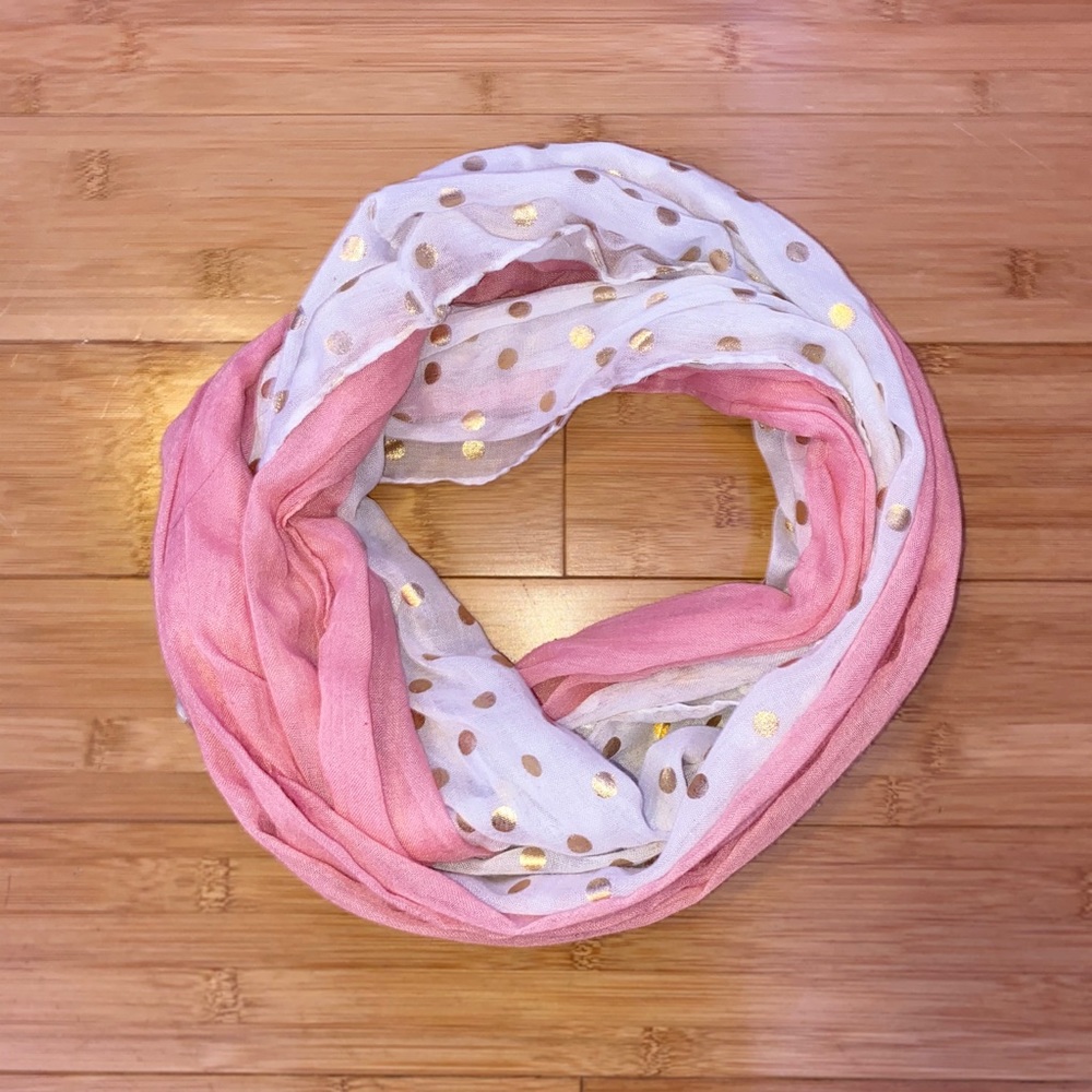 Pink, white, and gold infinity scarf.